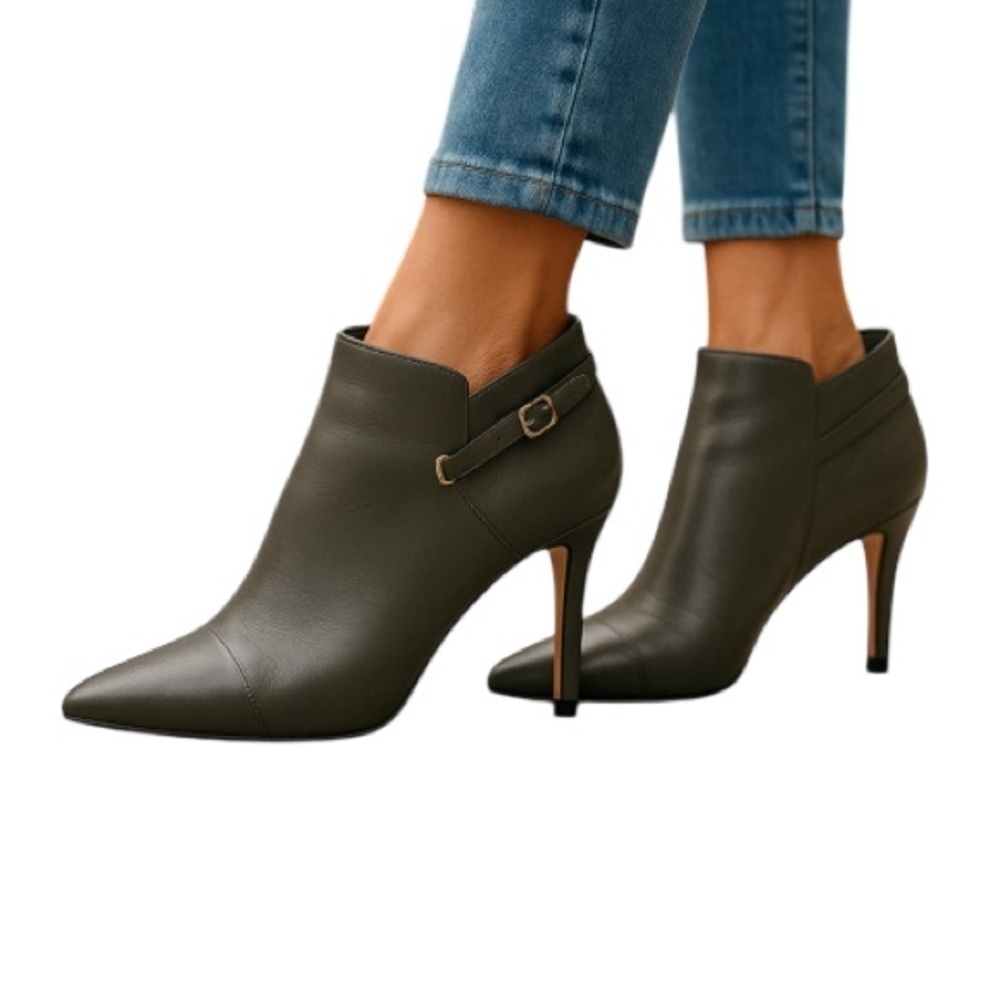 COLE HAAN Yasmine Pointed Toe Slim Heel Ankle Booties Grey Leather Buckle 9.5